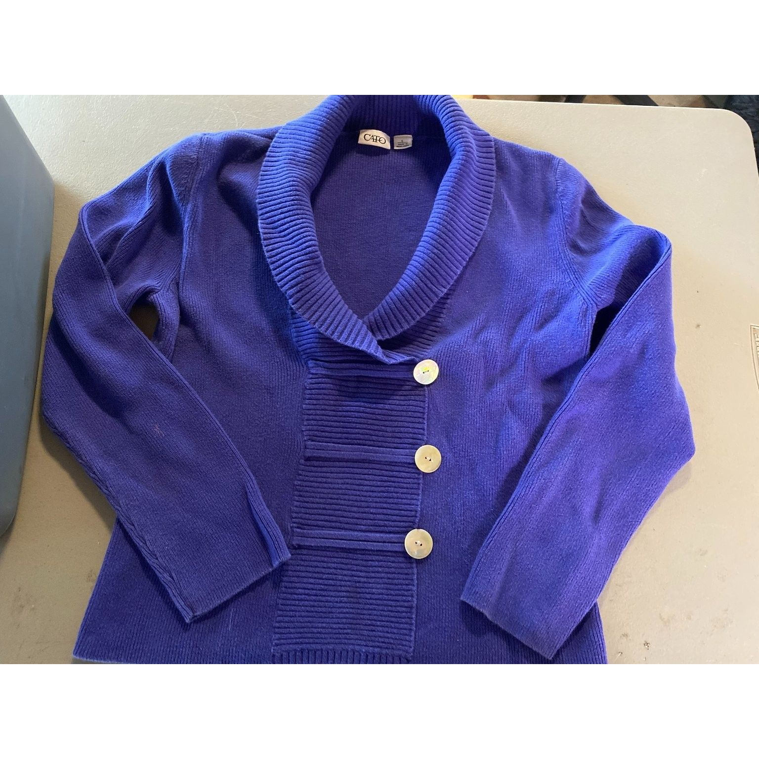 Cato Women's Bluish Purple Sweater L Cotton Shawl Collar Ribbed Knit Top